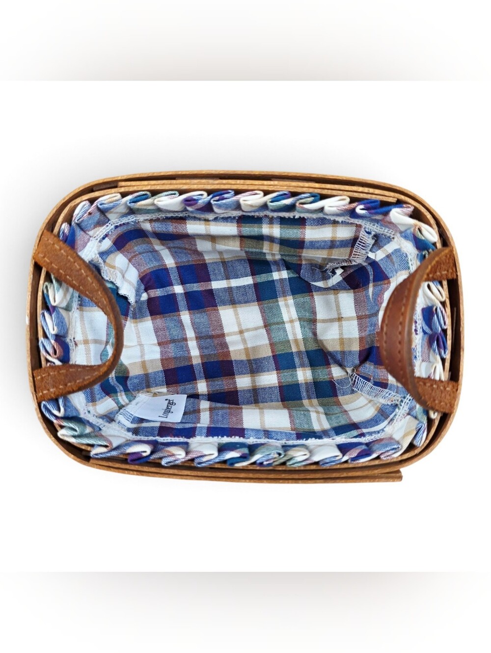 Longaberger 2008 Small Handwoven Basket w/ Plaid Fabric Liner & Leather Handles